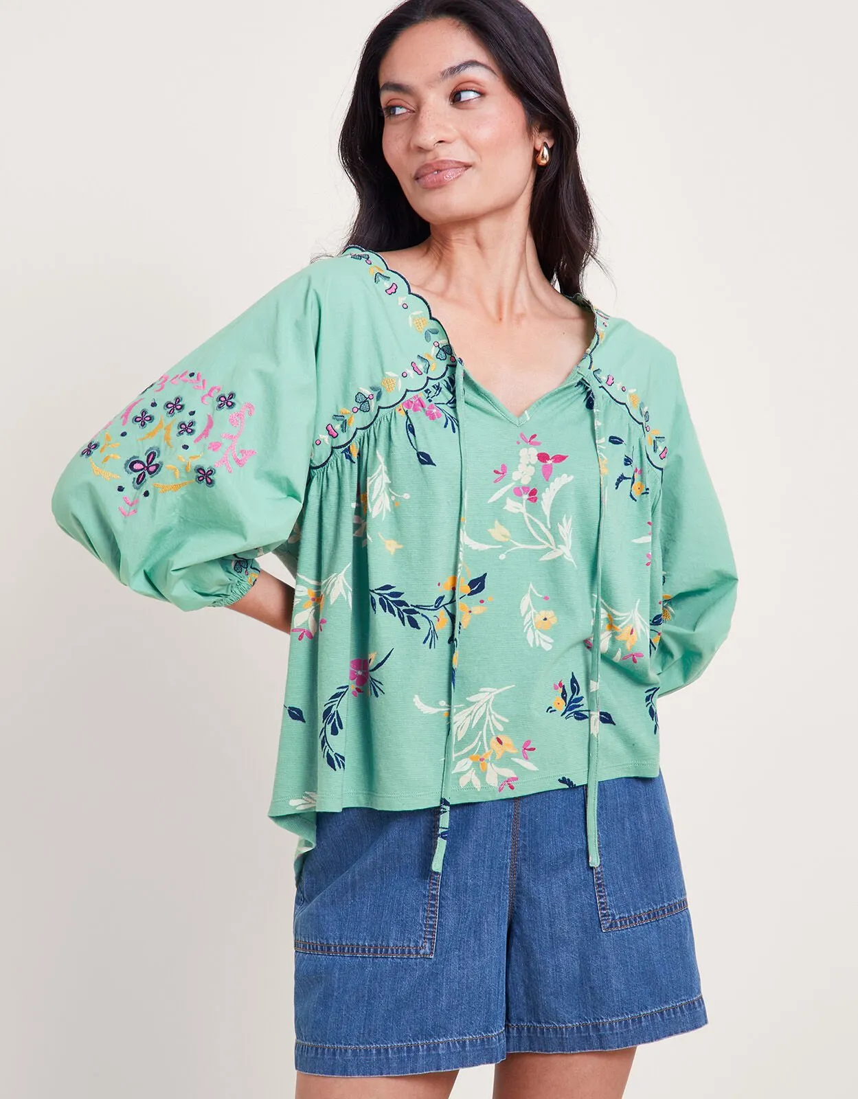 Maya Floral Embroidered Top Green