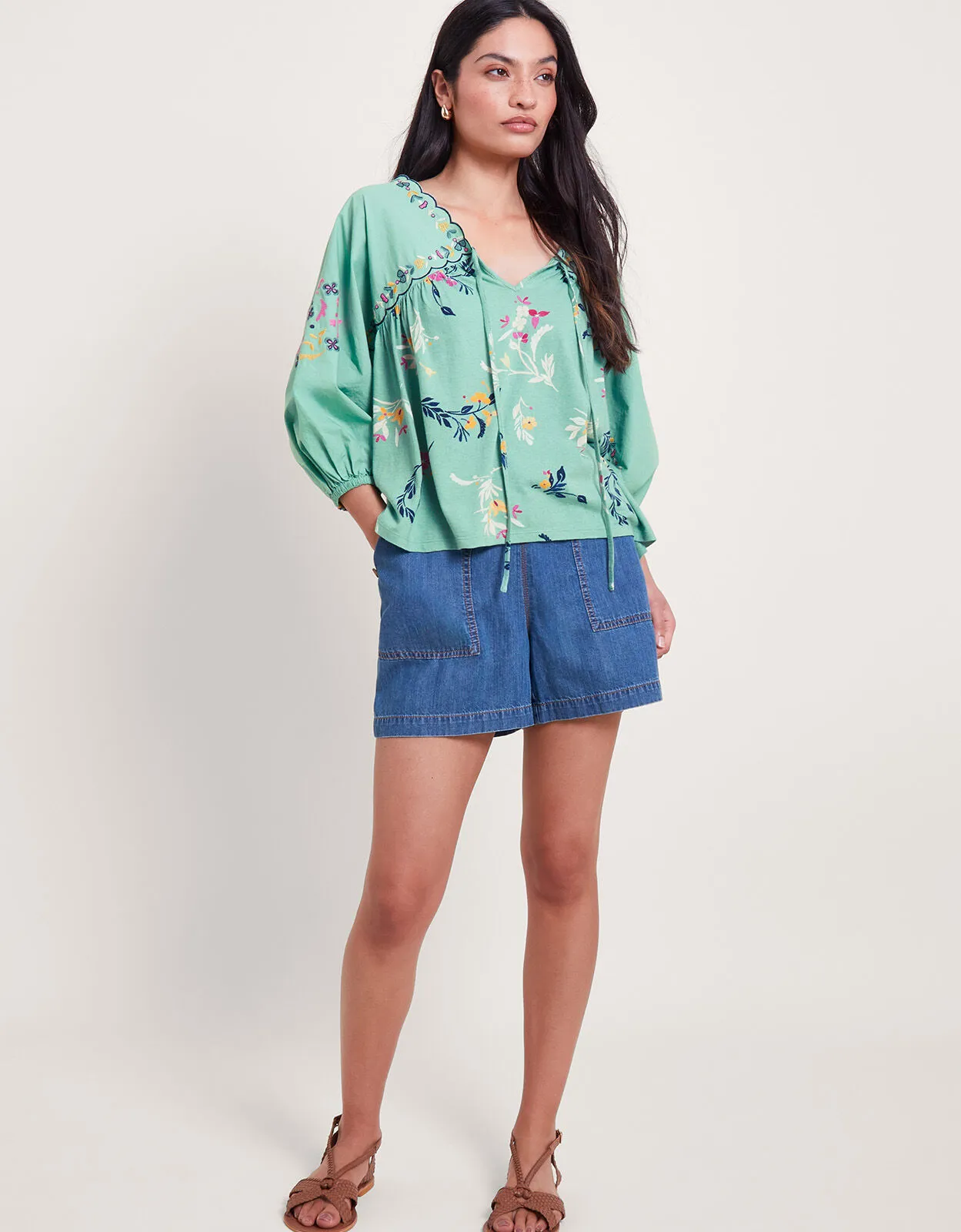 Maya Floral Embroidered Top Green