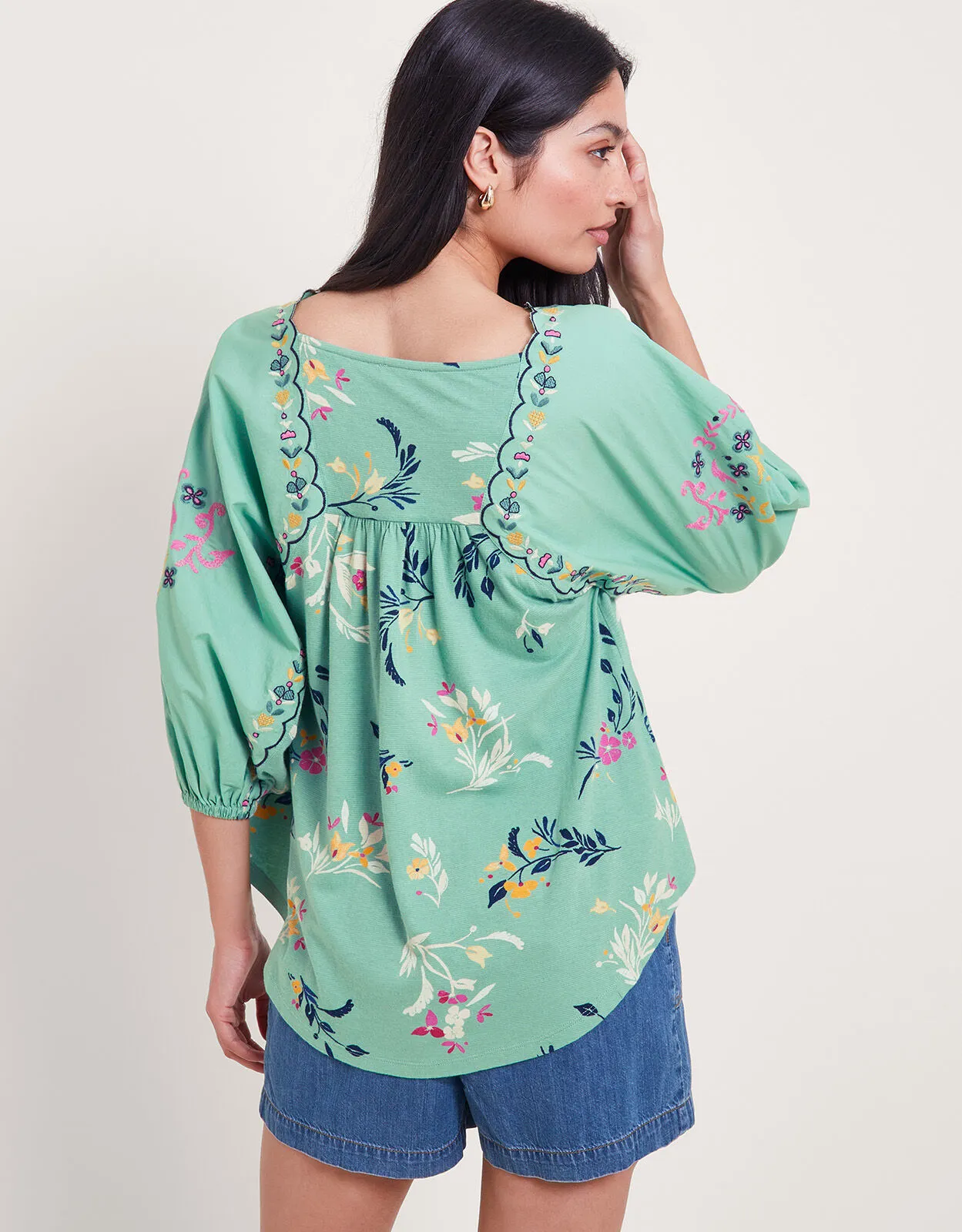 Maya Floral Embroidered Top Green