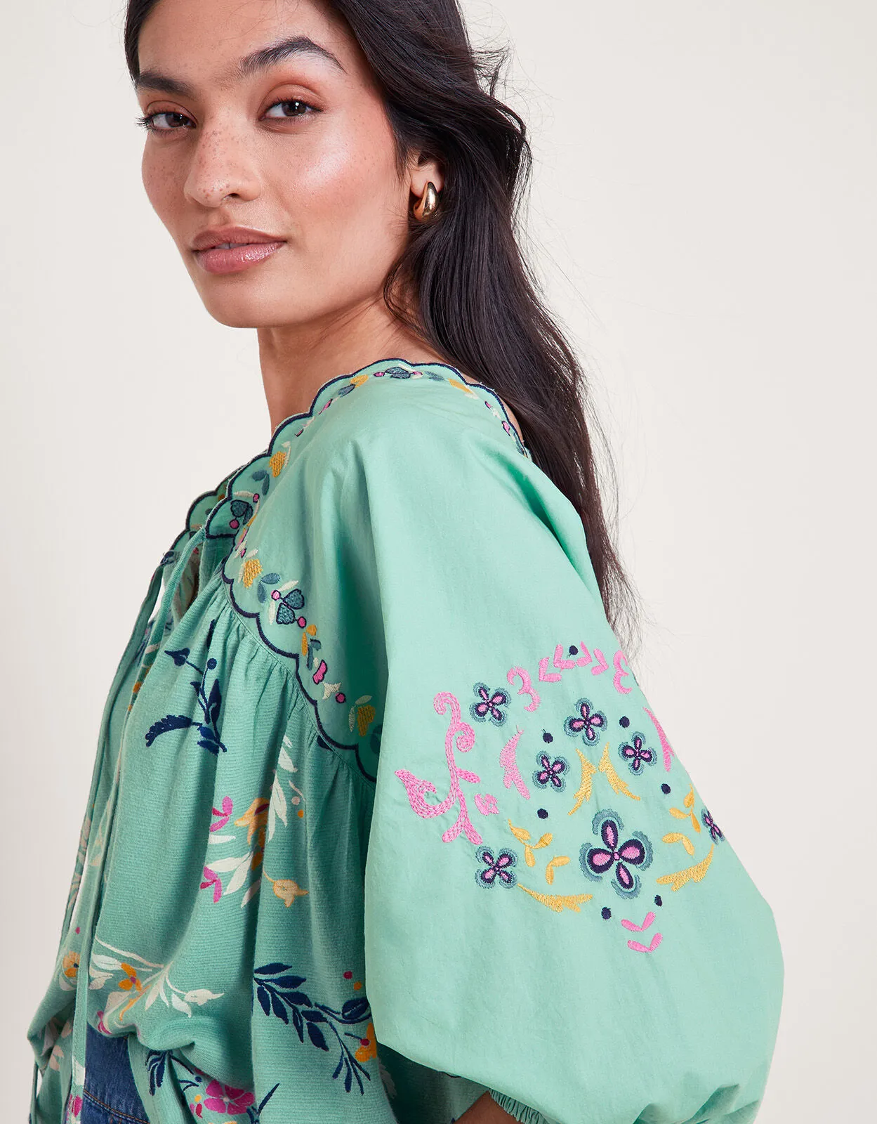 Maya Floral Embroidered Top Green