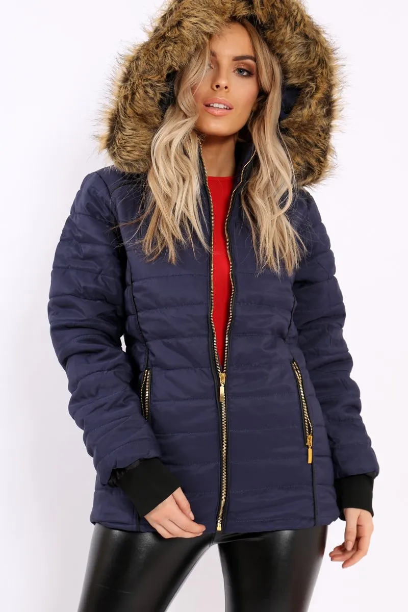 Navy Padded Coat with Fur Hood - Francesca