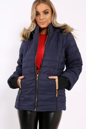 Navy Padded Coat with Fur Hood - Francesca