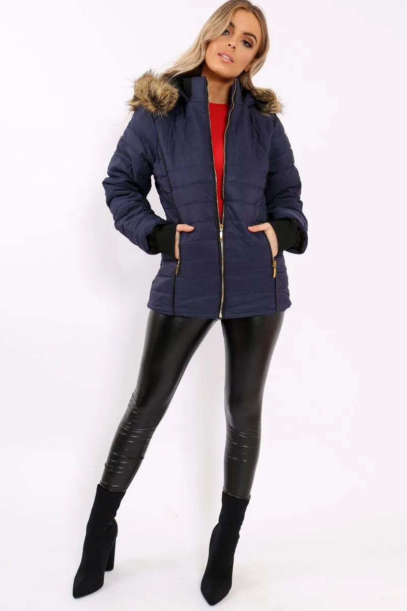 Navy Padded Coat with Fur Hood - Francesca