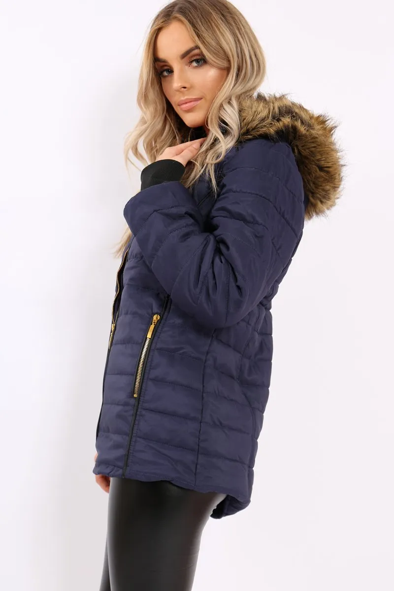 Navy Padded Coat with Fur Hood - Francesca