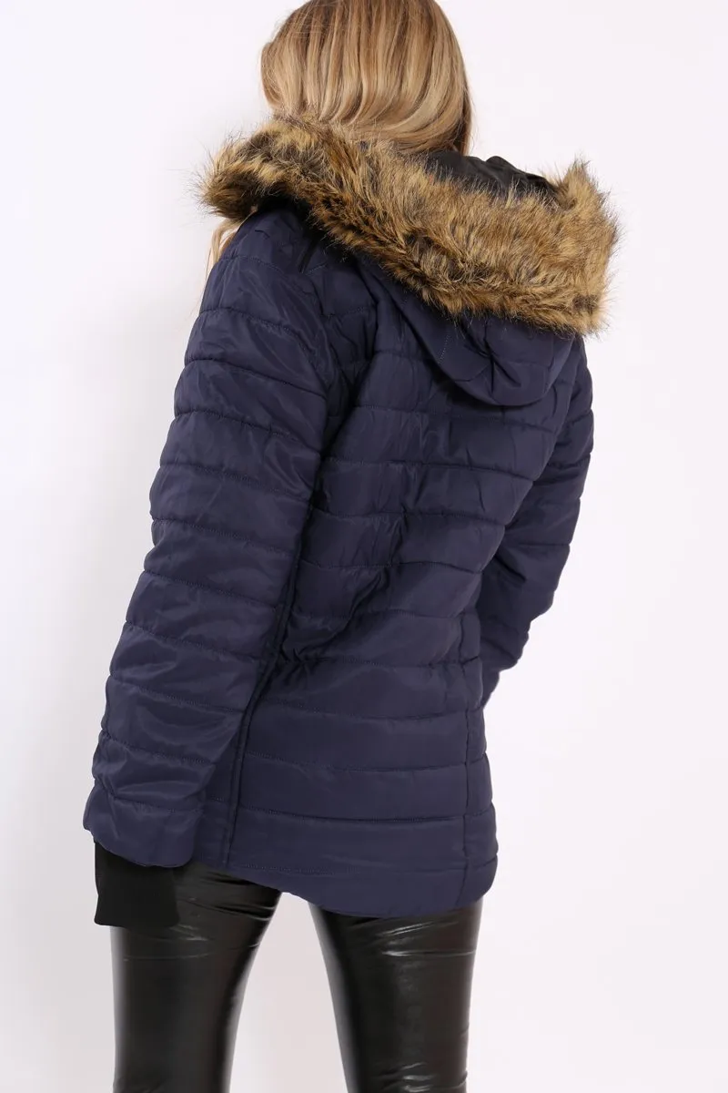 Navy Padded Coat with Fur Hood - Francesca