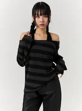 Off-Shoulder Stripe Long Sleeve Top CJ405