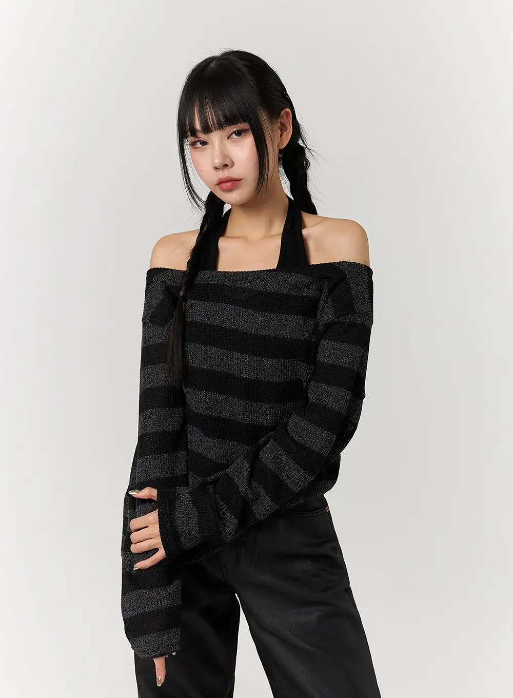 Off-Shoulder Stripe Long Sleeve Top CJ405