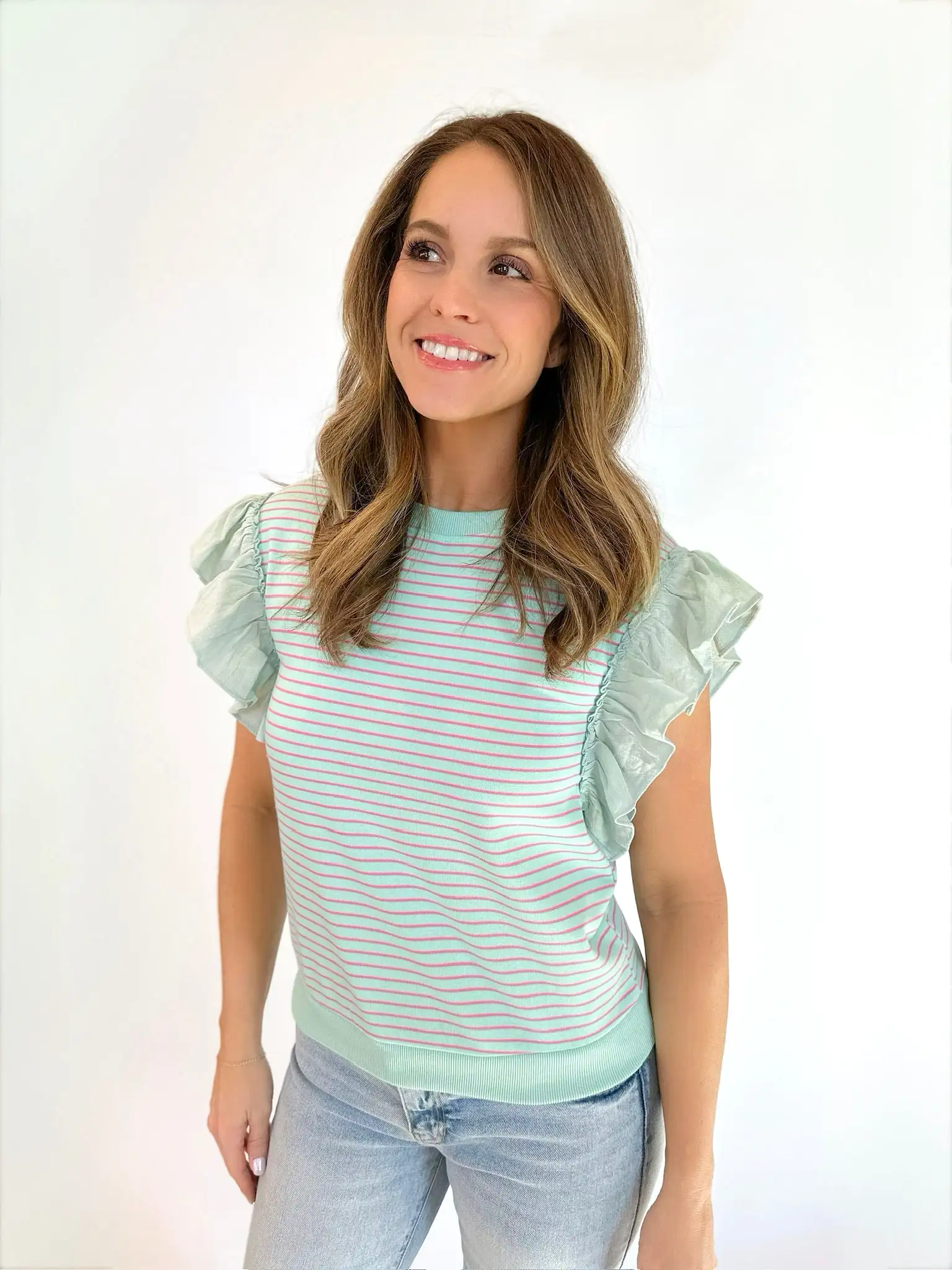 One Thing Ruffled Sleeve Striped Top