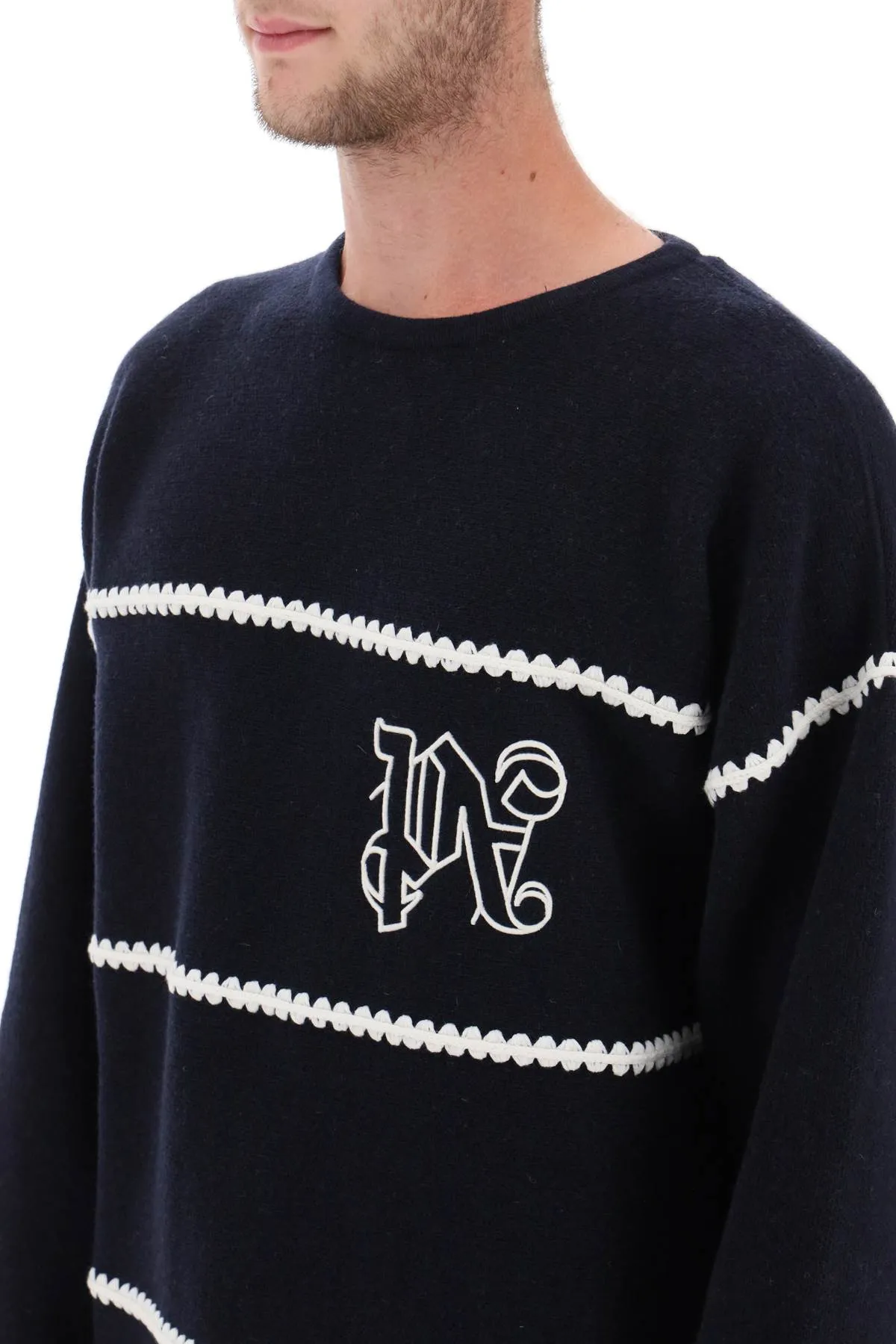 PALM ANGELS Blue Contrast Embroidered Knit Wool Pullover for Men