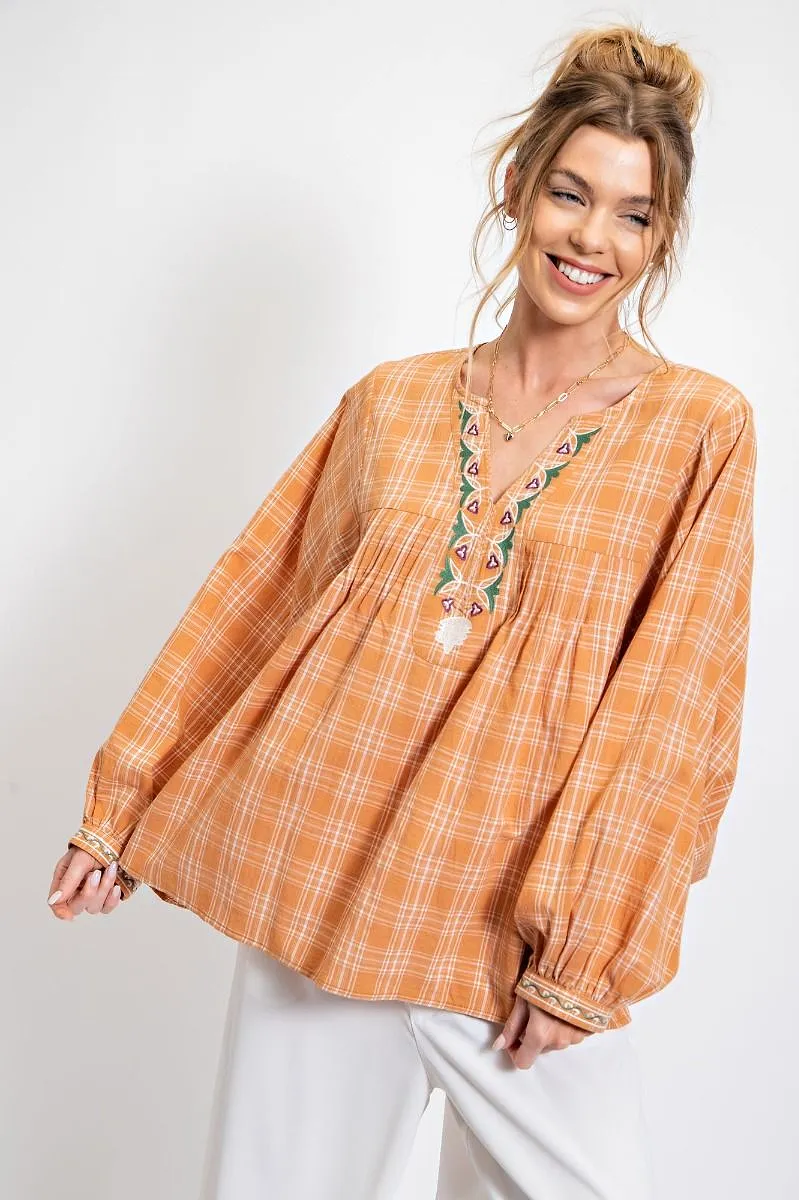 Plaid Cotton Voile Embroidery Top