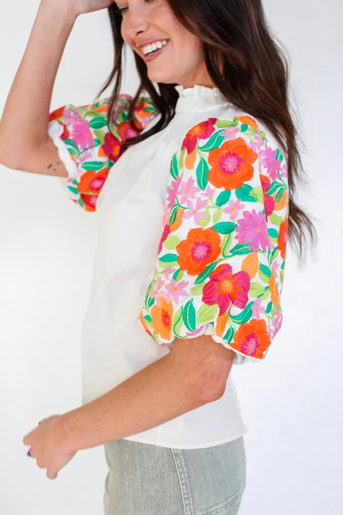 Pop of Flora Embroidered Sleeve Top