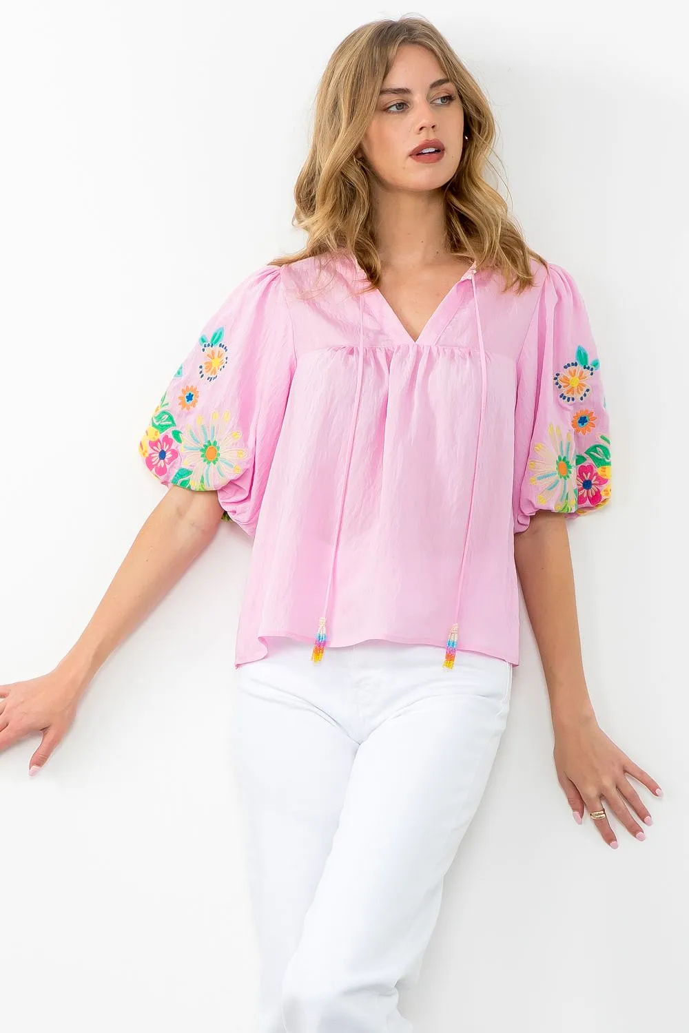 Puff Sleeve Embroidered Tassel Tie Top