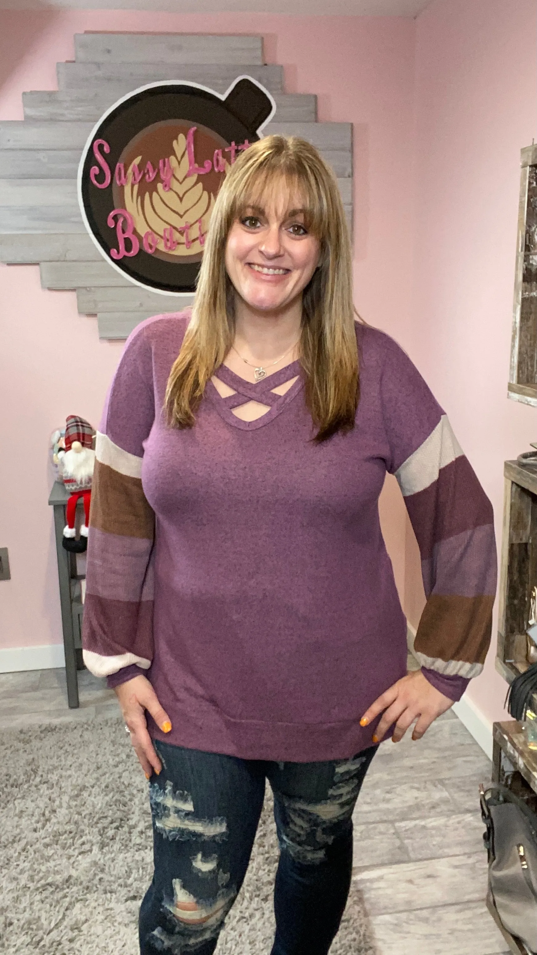 Purple and Taupe Criss-Cross Front Top