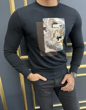 Rick Slim Fit Printed Crew Neck Black Sweater