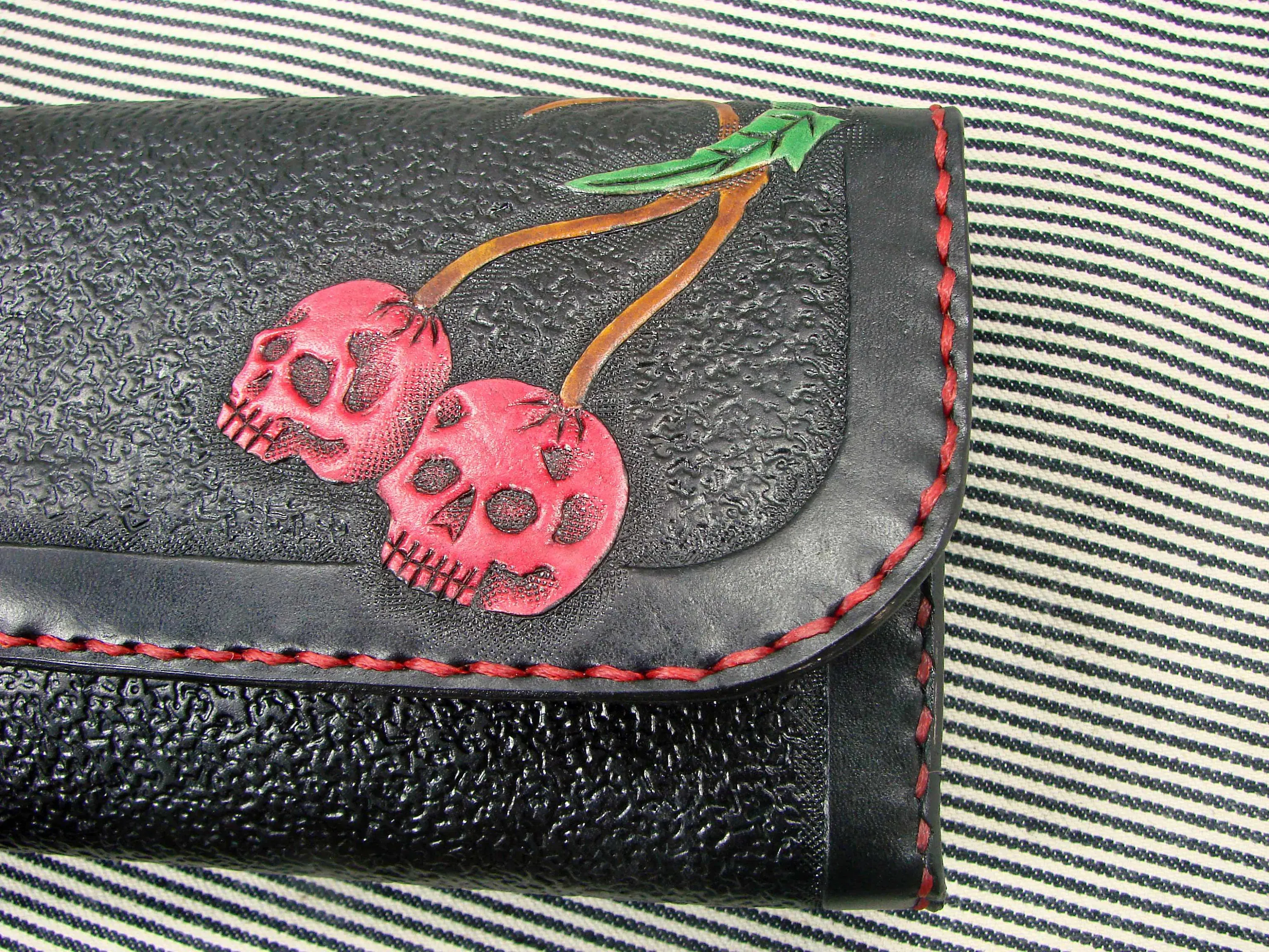 Rockabilly women leather wallet with Cherries Skull