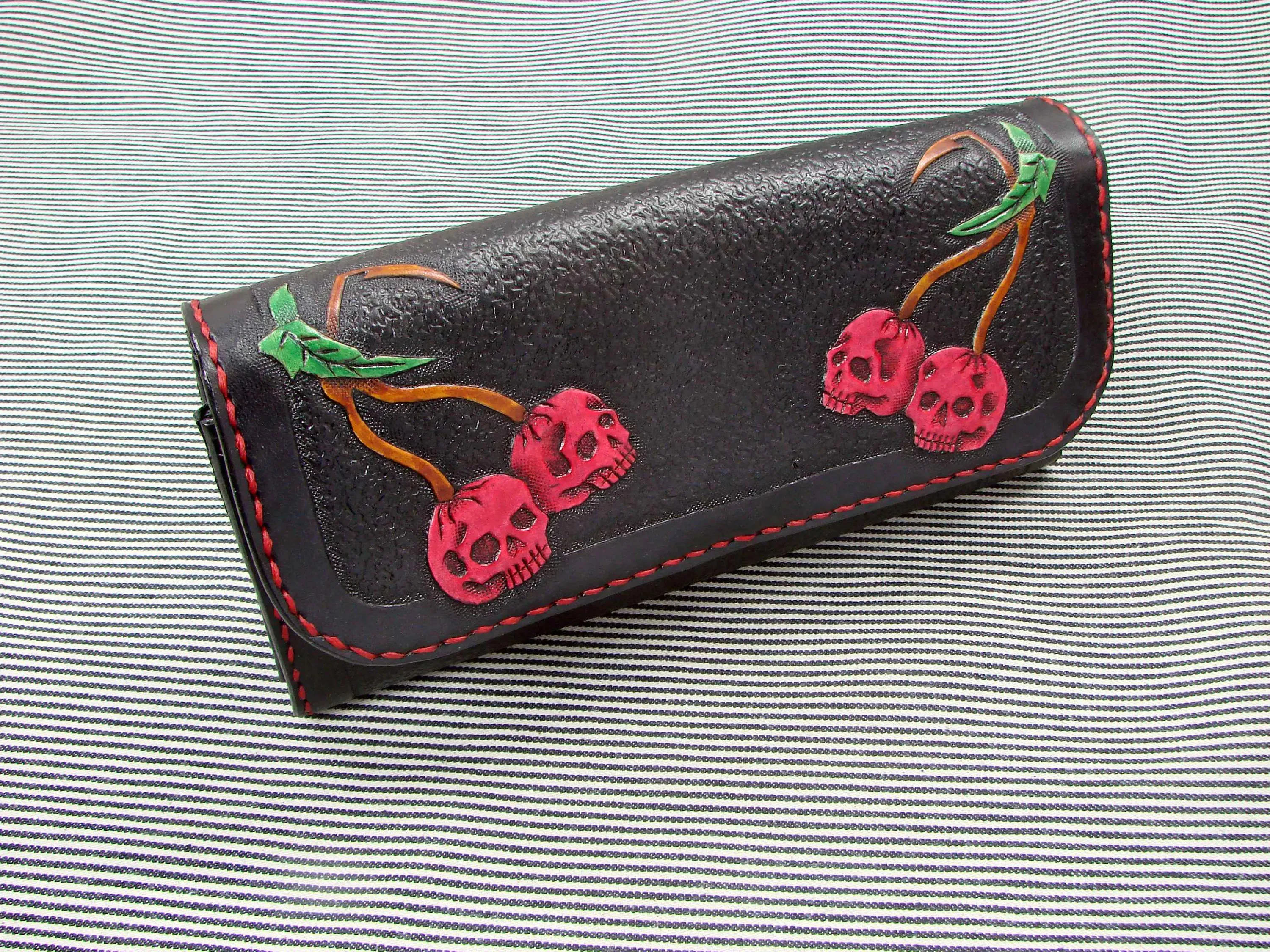 Rockabilly women leather wallet with Cherries Skull