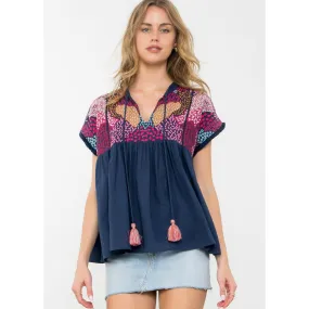 Shelley Embroidered Babydoll Tassel THML Top