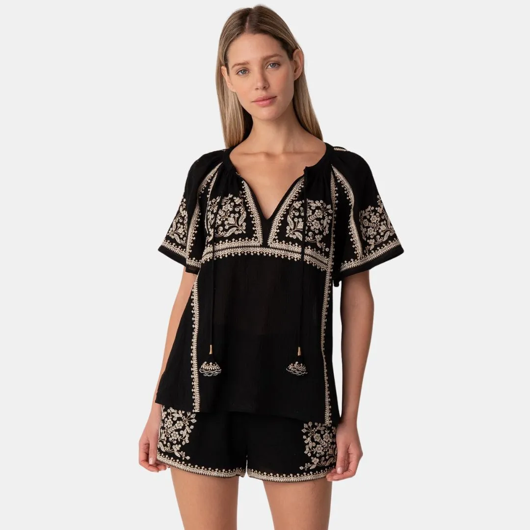 Short Raglan Sleeve Embroidered Top (Black + Natural)