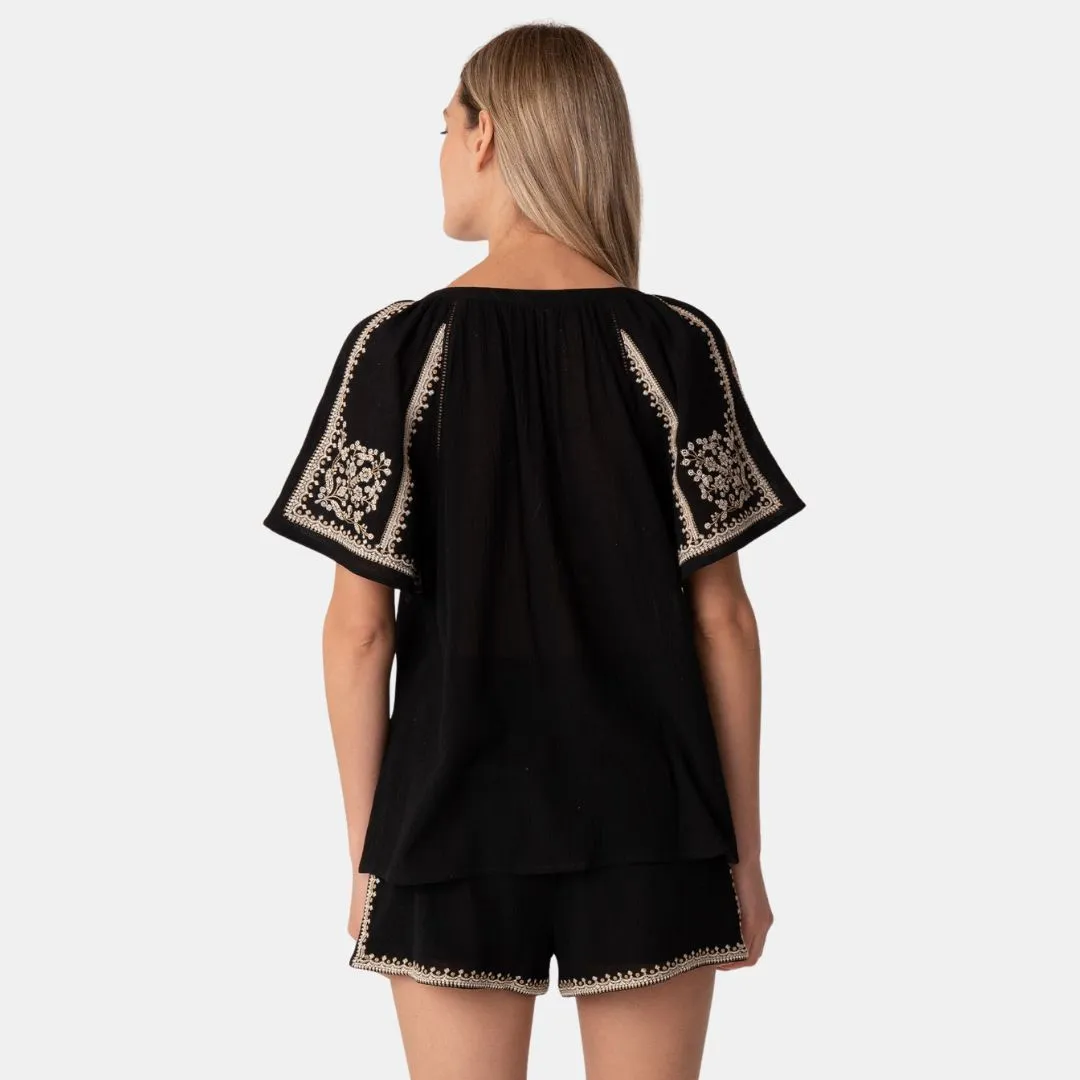 Short Raglan Sleeve Embroidered Top (Black + Natural)