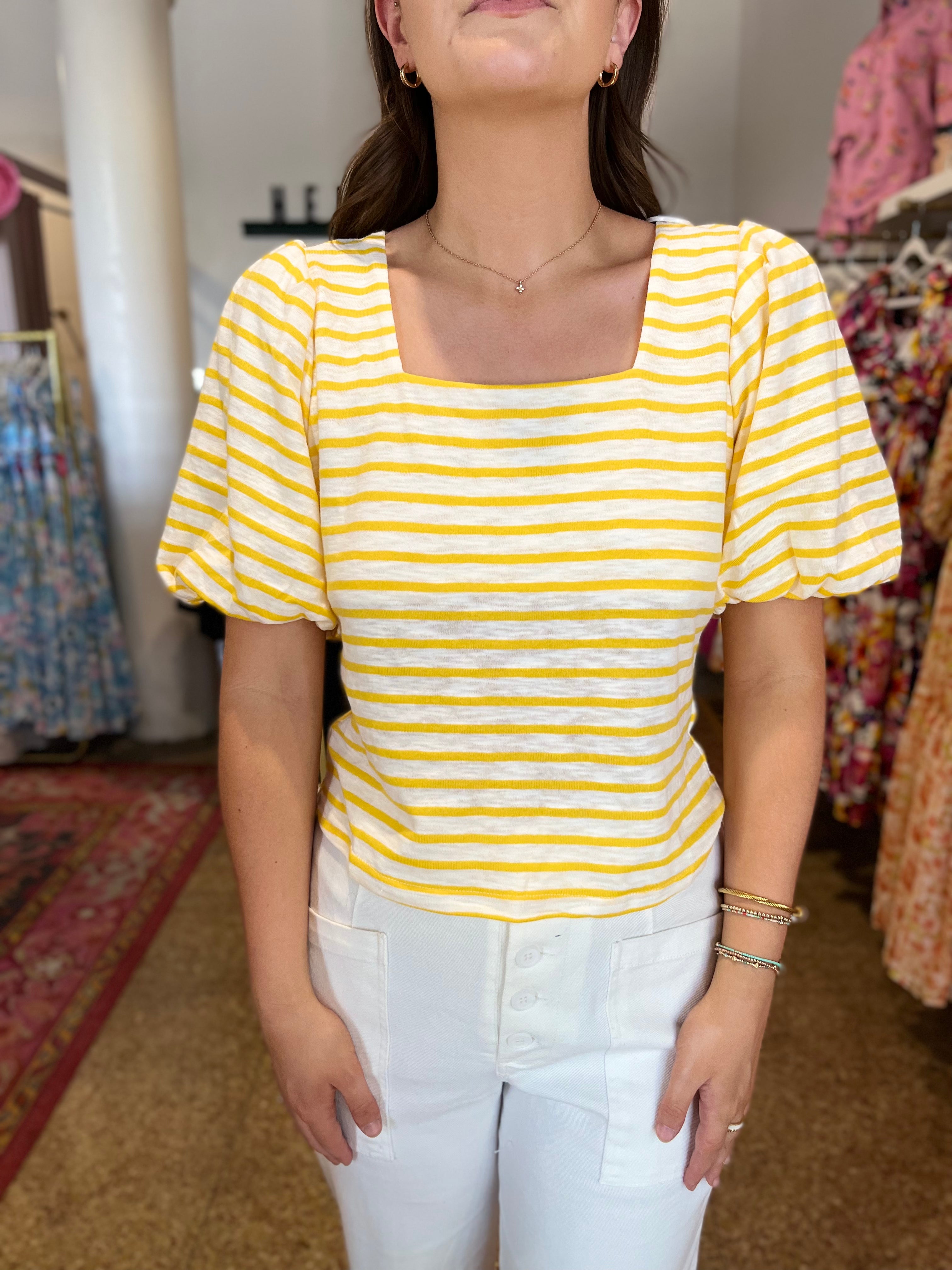 SQUARE NECK STRIPE TOP - MANGO SORBET