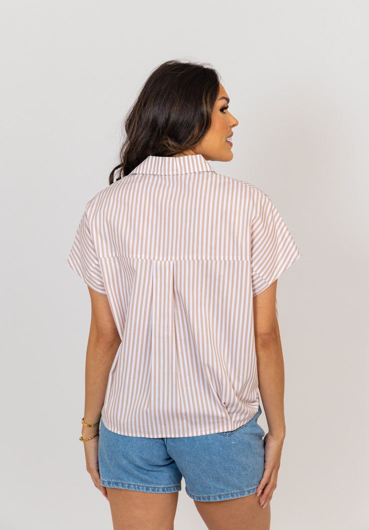 Stripe Poplin Vneck Top