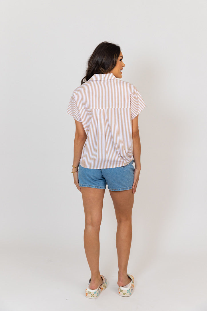 Stripe Poplin Vneck Top