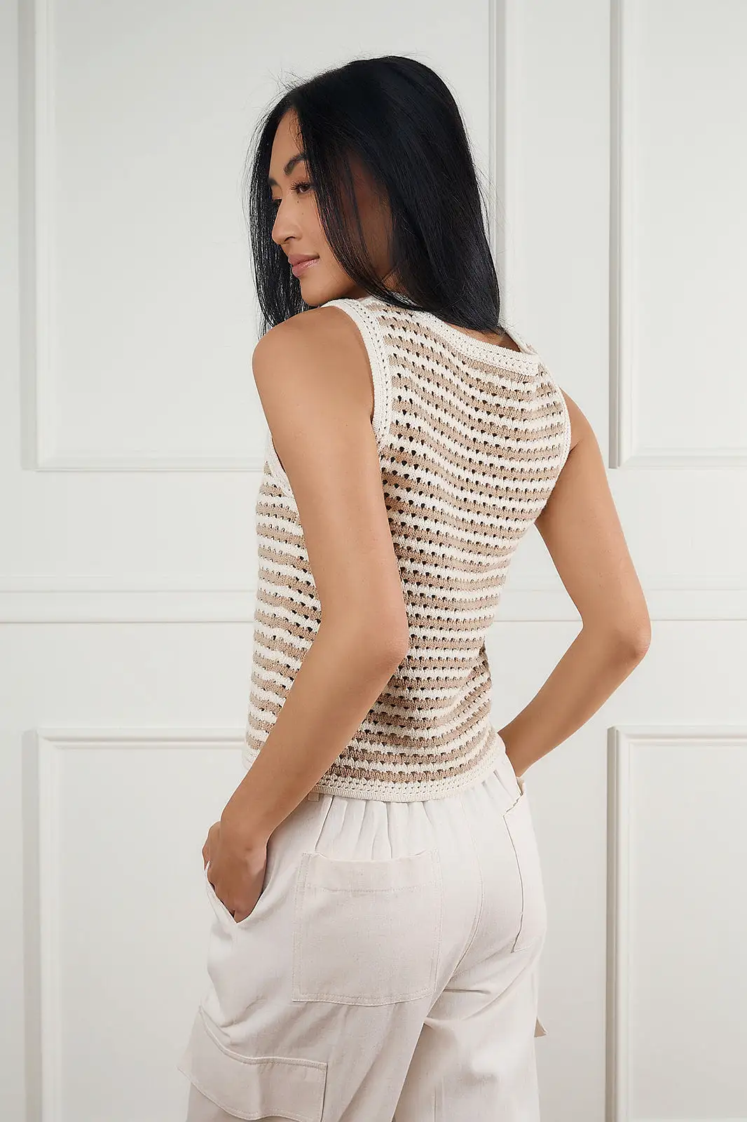 Striped Crochet Knit Top in Taupe