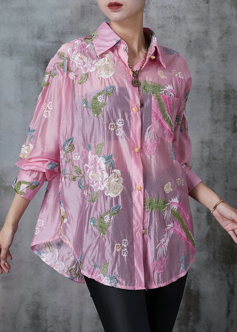 Style Pink Embroidered Linen Silk UPF 50+ Top Summer