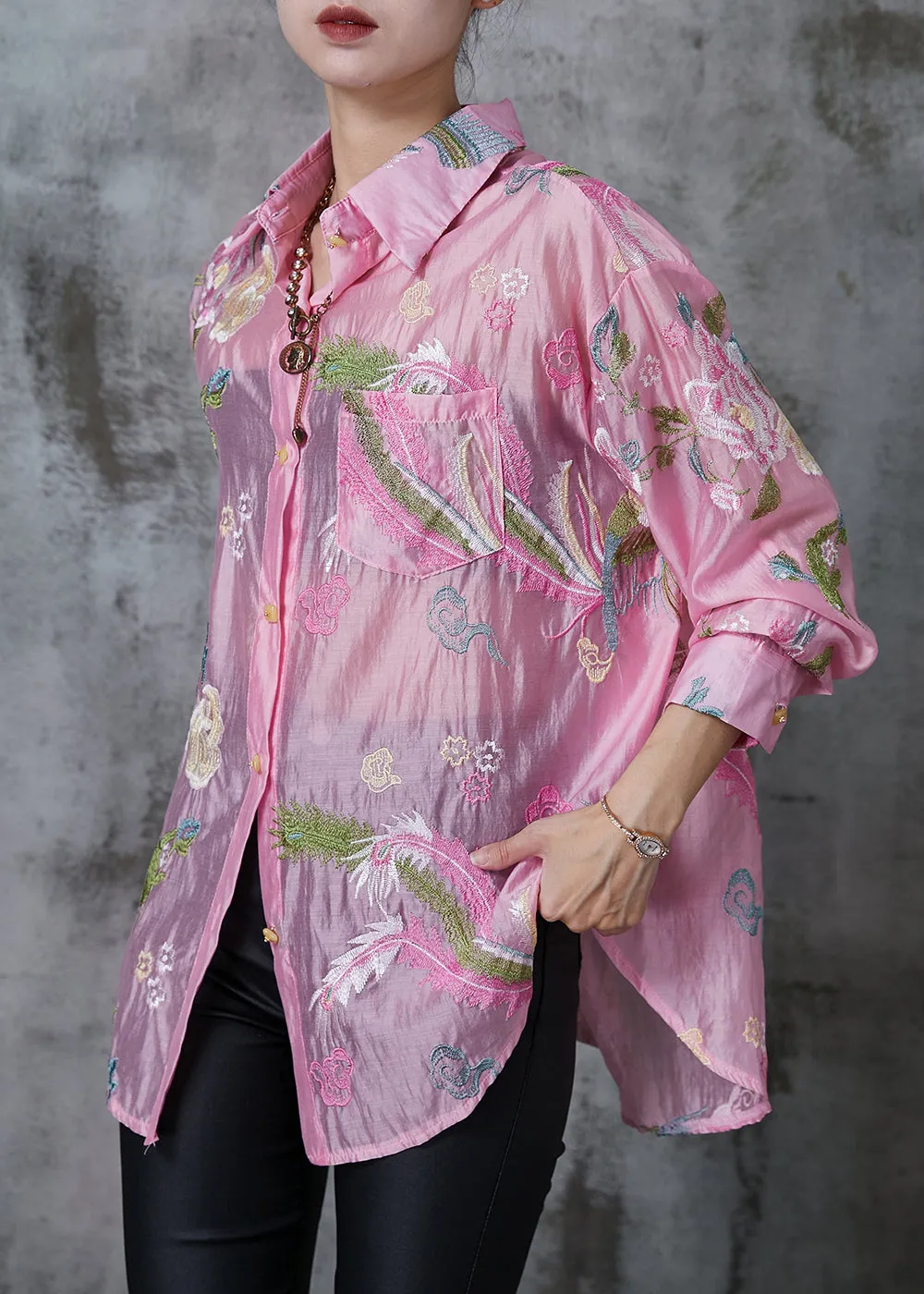 Style Pink Embroidered Linen Silk UPF 50+ Top Summer