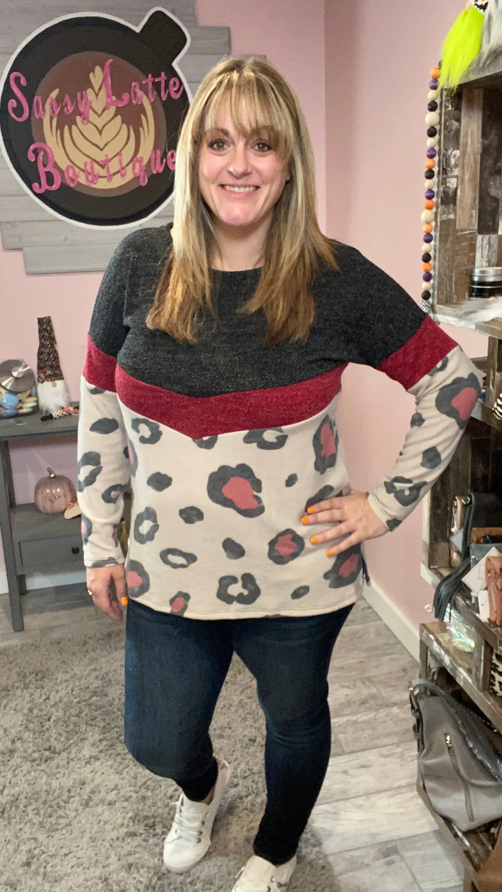 Taupe and Burgundy Color Block Animal Top