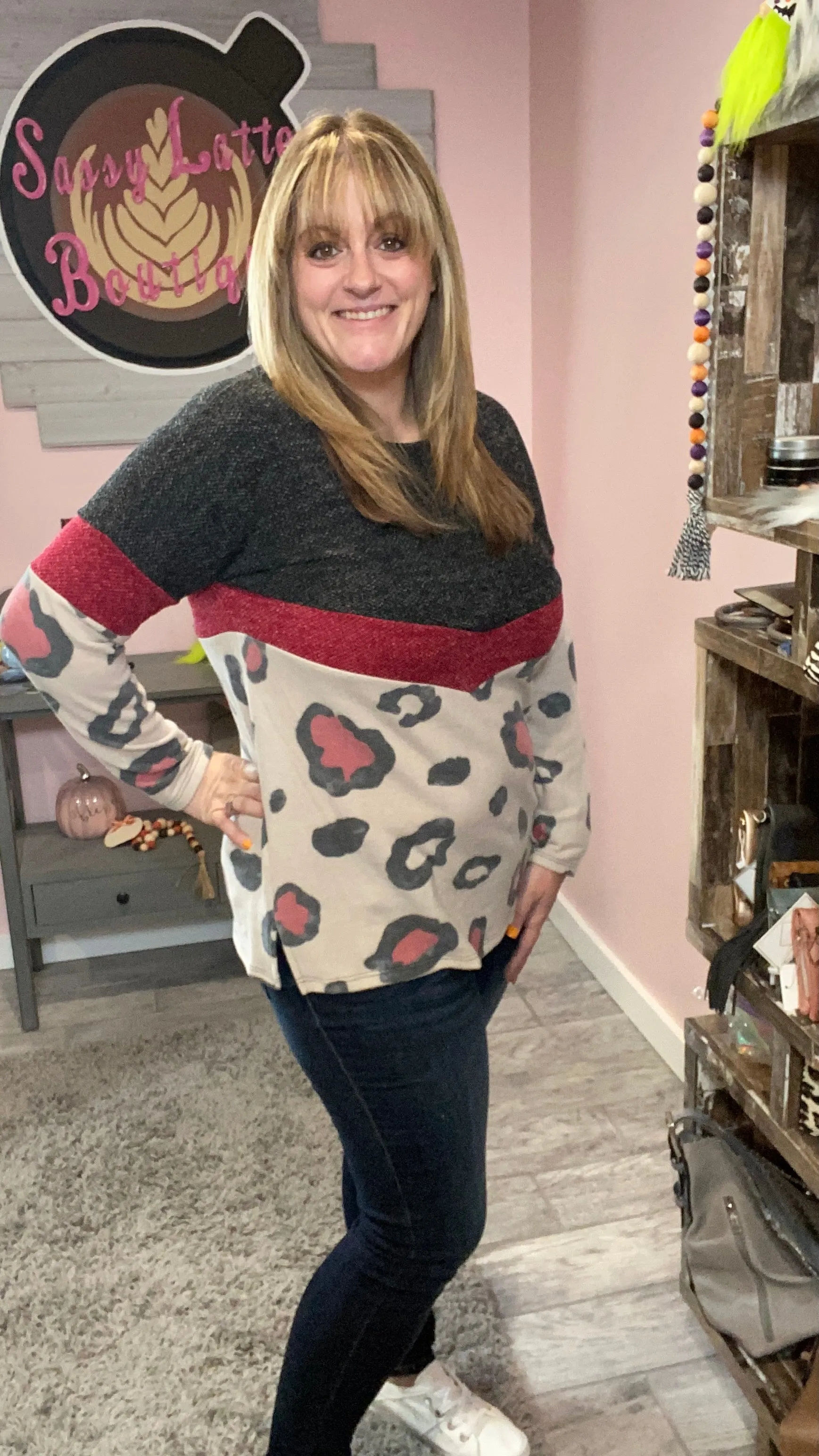 Taupe and Burgundy Color Block Animal Top