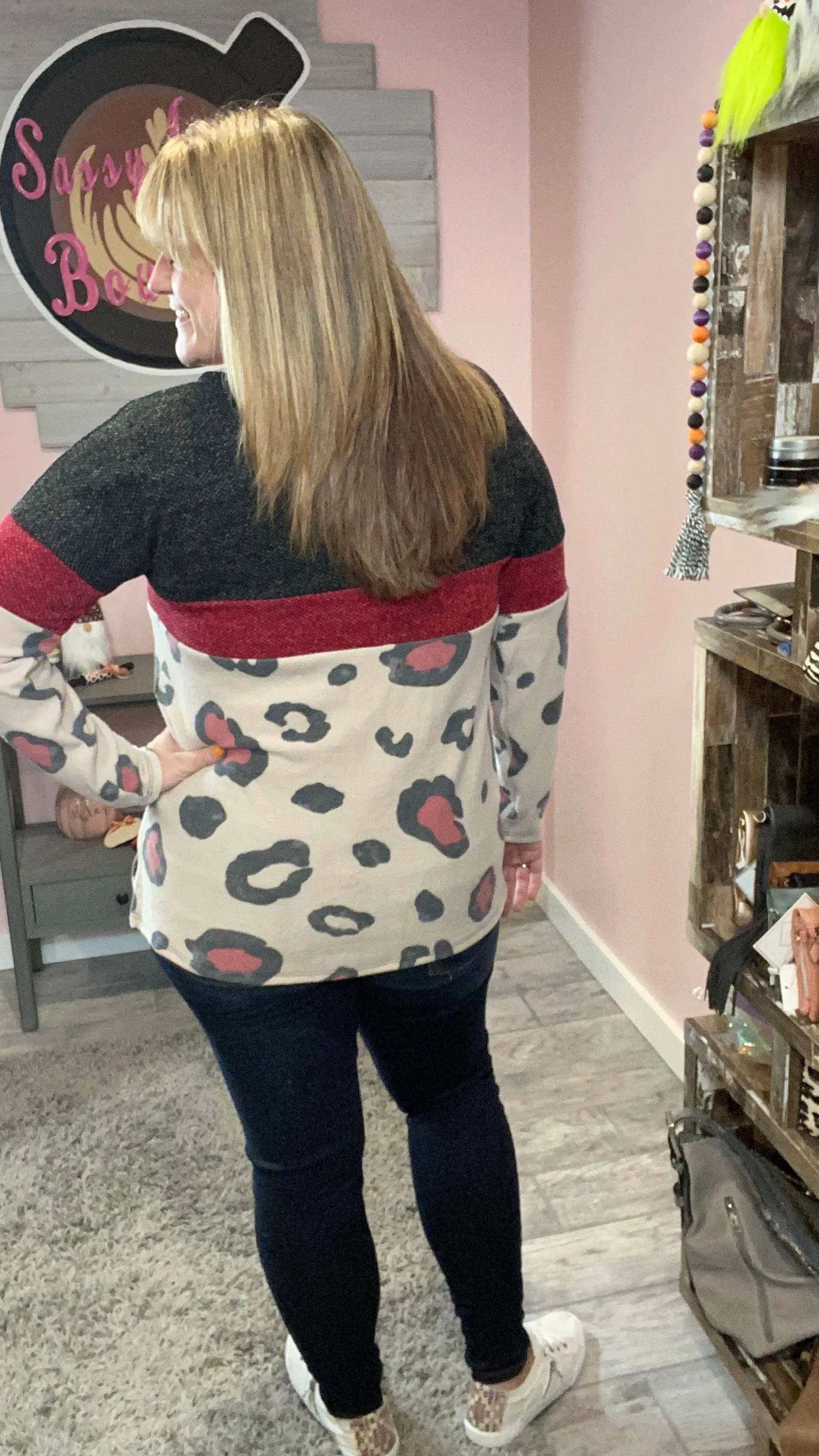 Taupe and Burgundy Color Block Animal Top