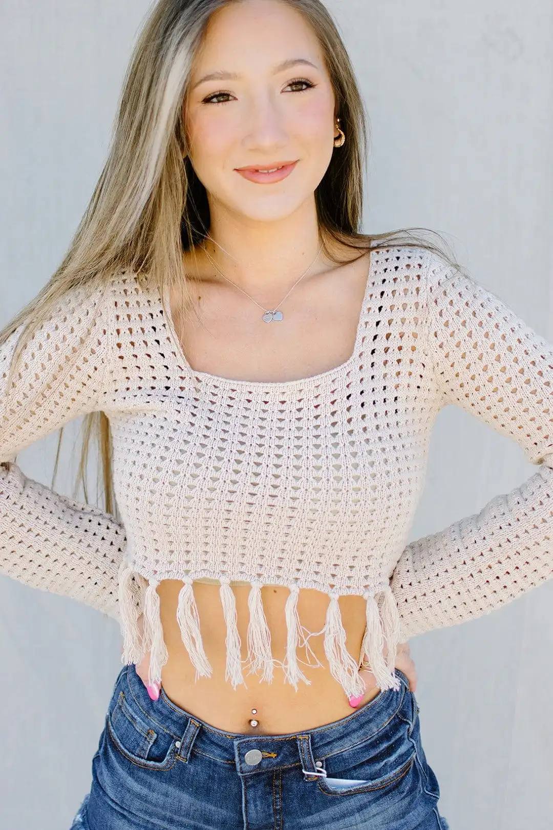 Taupe Fringe Crochet Top