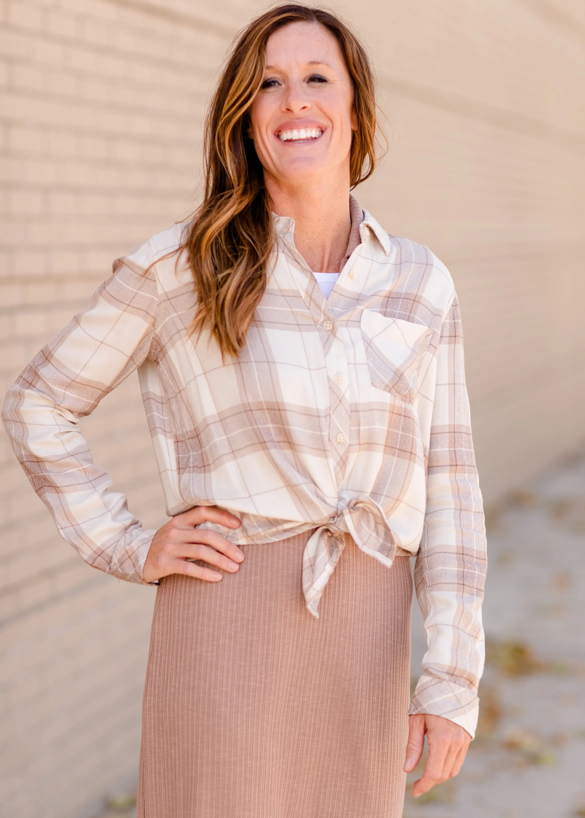 Taupe Plaid Button Front Flannel Top - FINAL SALE