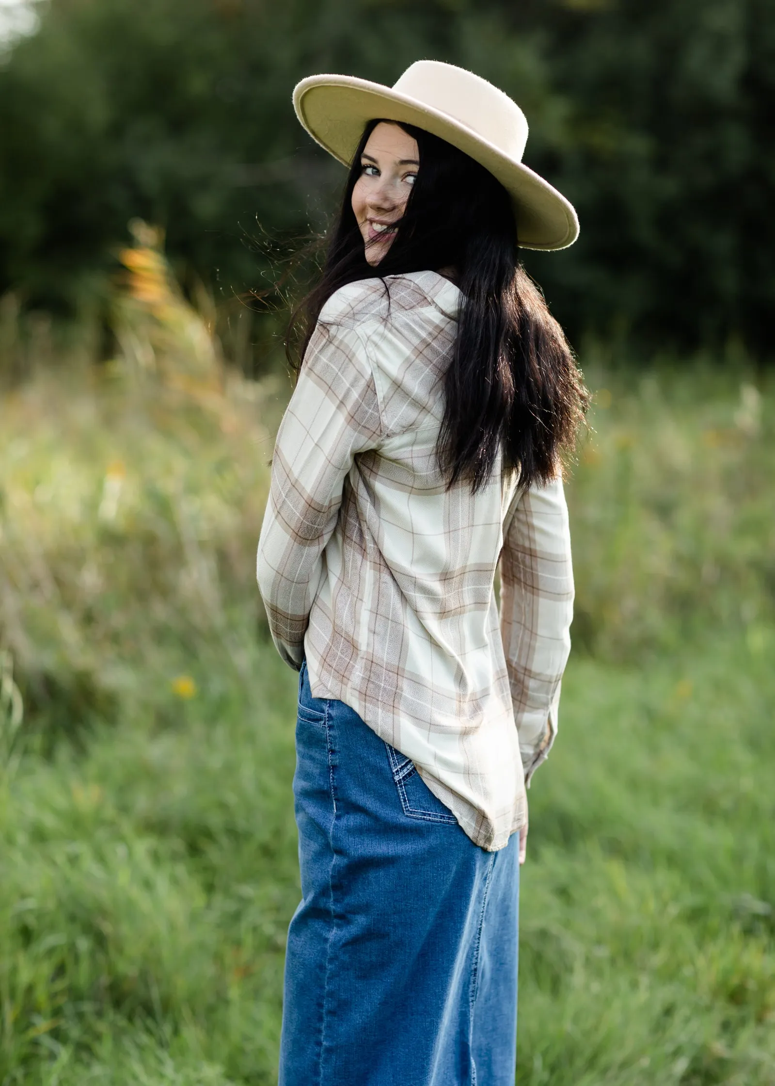 Taupe Plaid Button Front Flannel Top - FINAL SALE