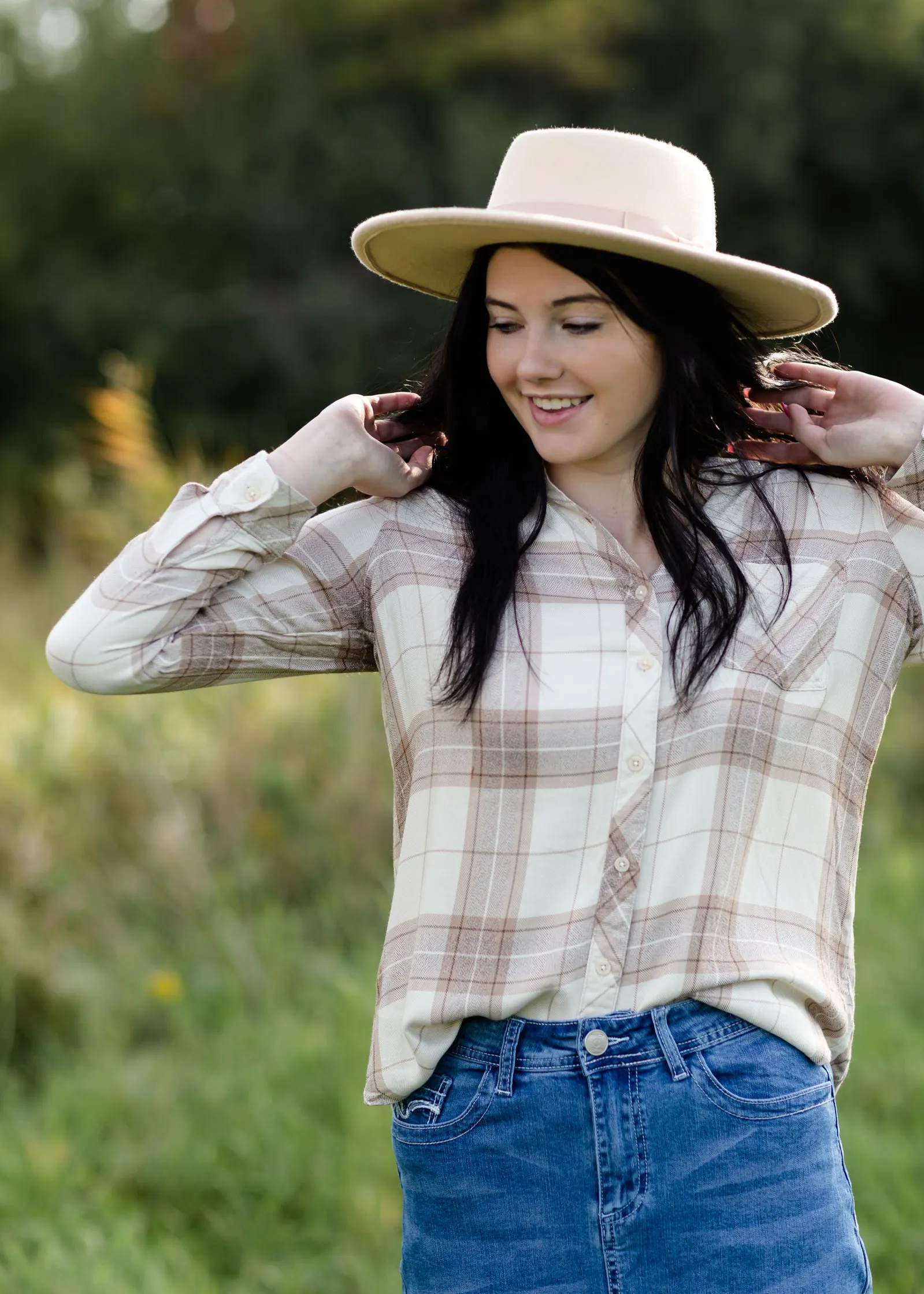 Taupe Plaid Button Front Flannel Top - FINAL SALE