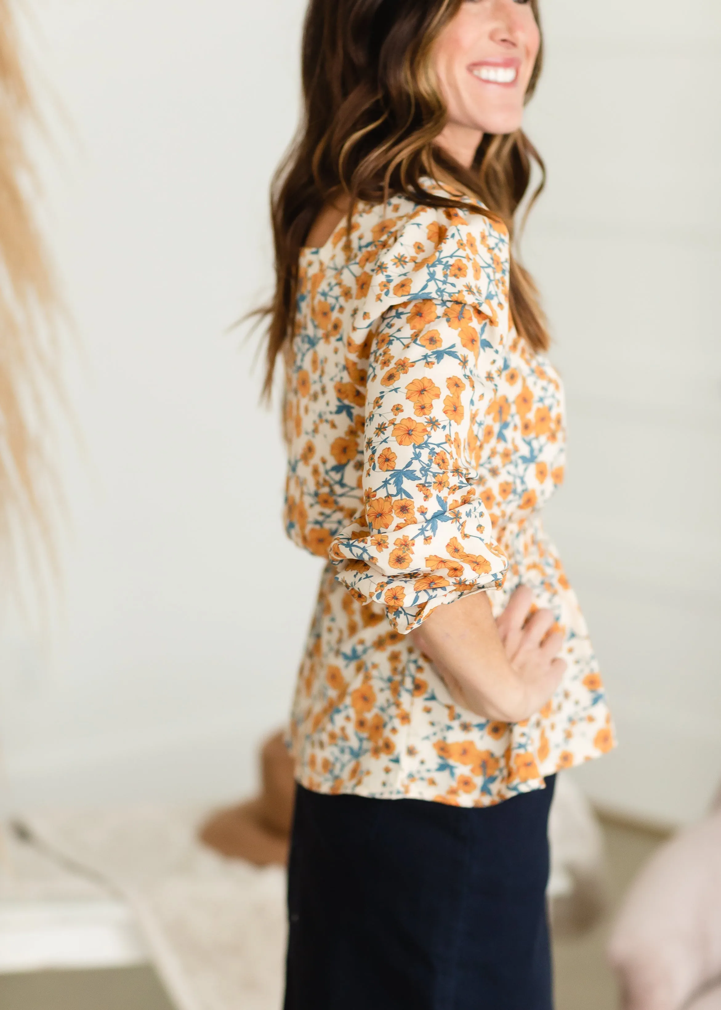 Taupe Square Neck Floral Top - FINAL SALE