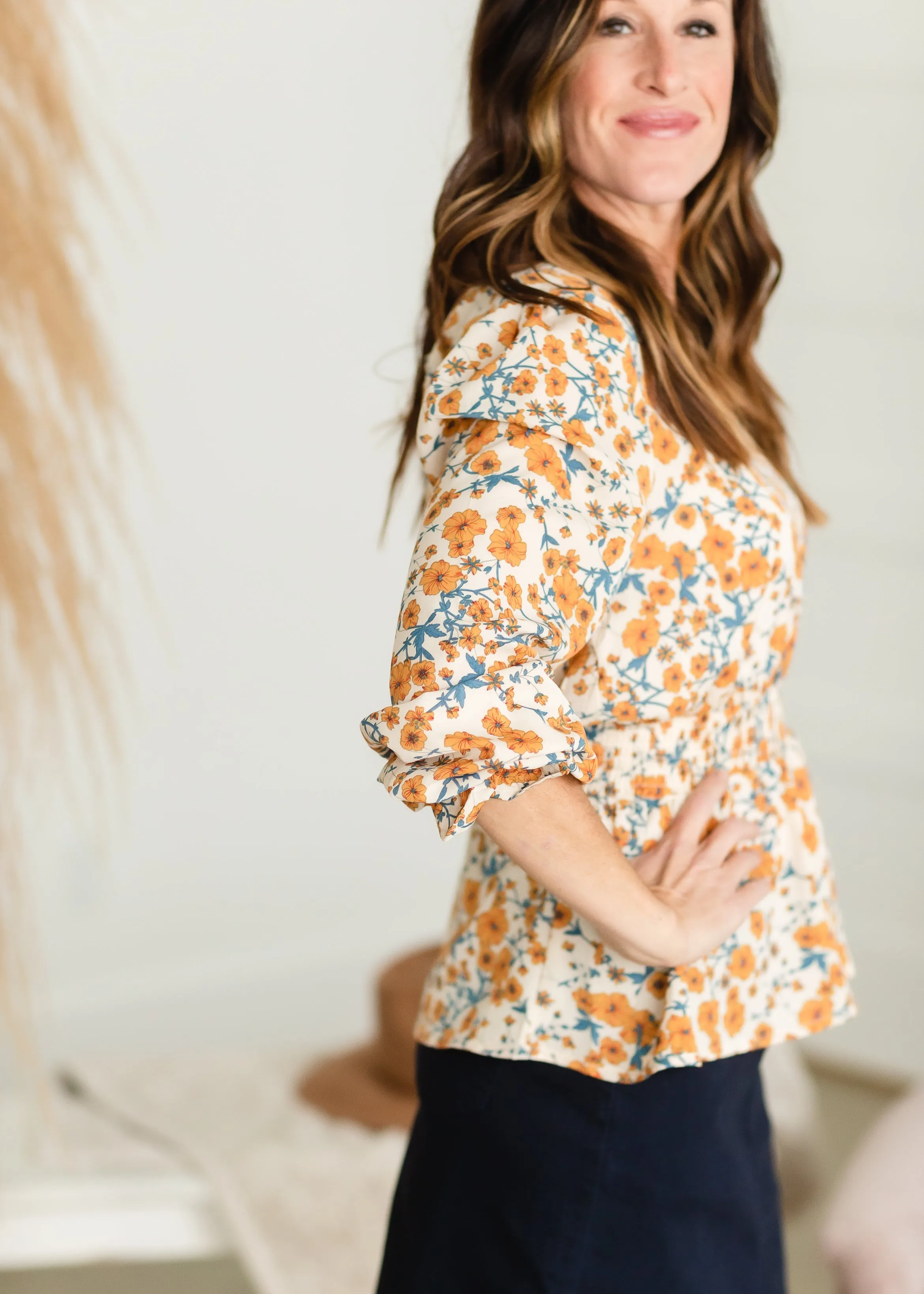 Taupe Square Neck Floral Top - FINAL SALE