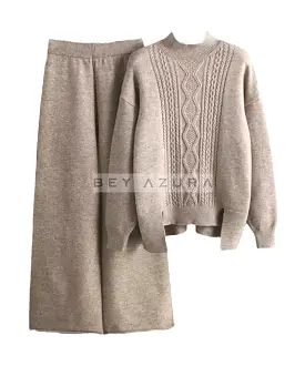 Thick Knit Pullover And Ankle Length Pant Set In Brown