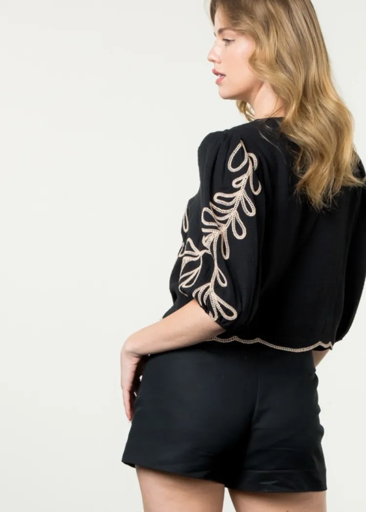 THML Anegada Embroidered Sleeve Top-Black