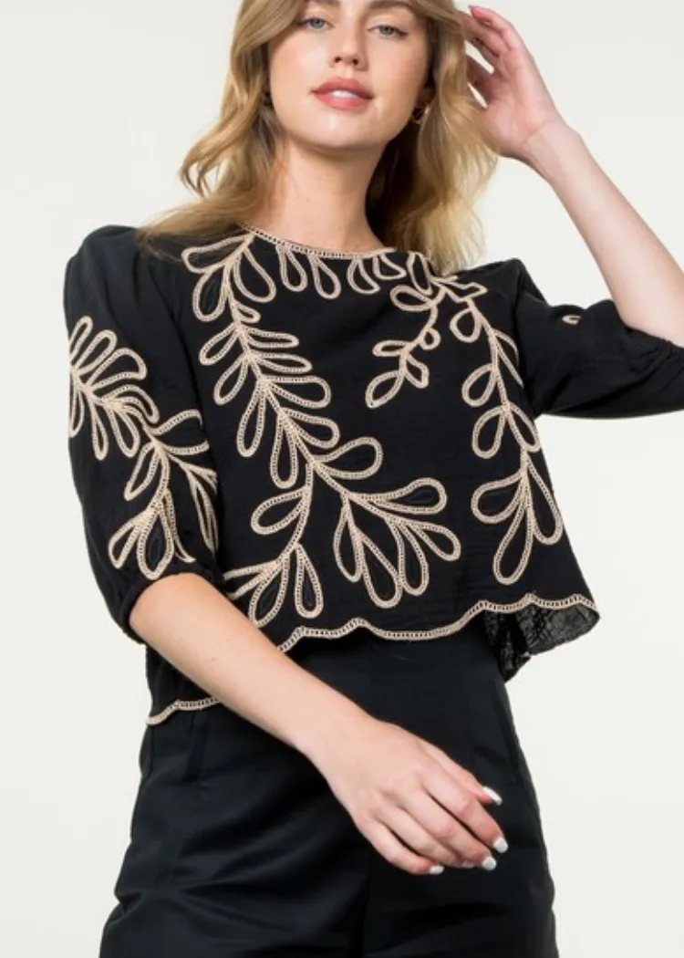 THML Anegada Embroidered Sleeve Top-Black