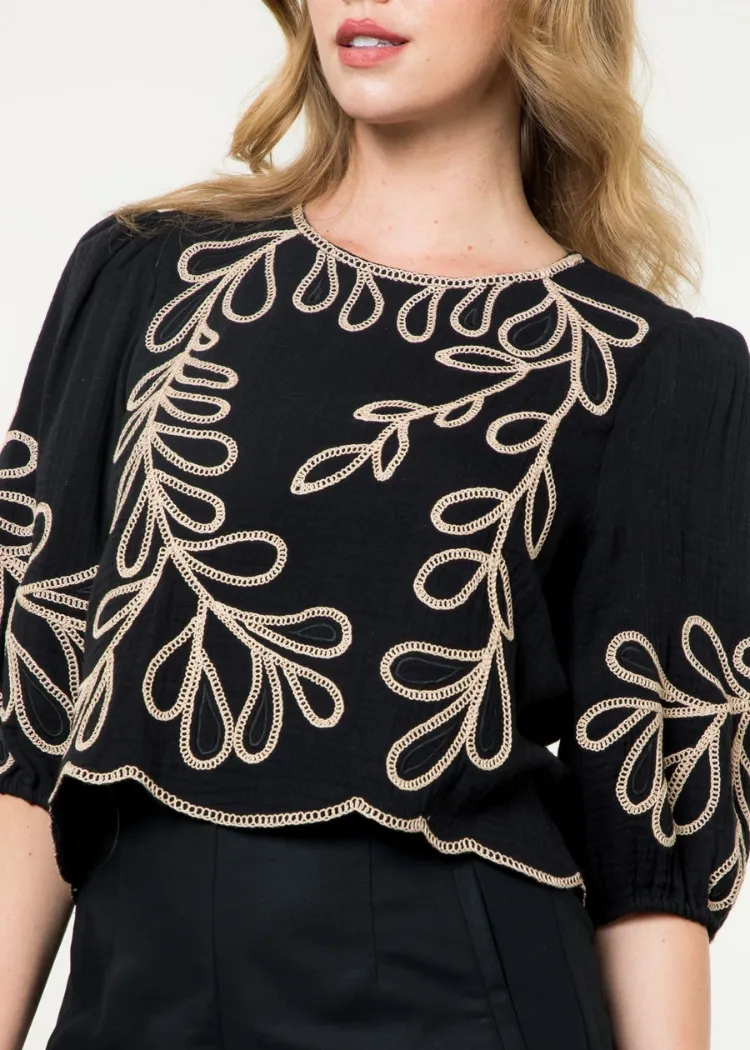 THML Anegada Embroidered Sleeve Top-Black