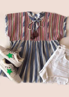 THML Mazatlan Stripe Embroidered Tassel Tie Top