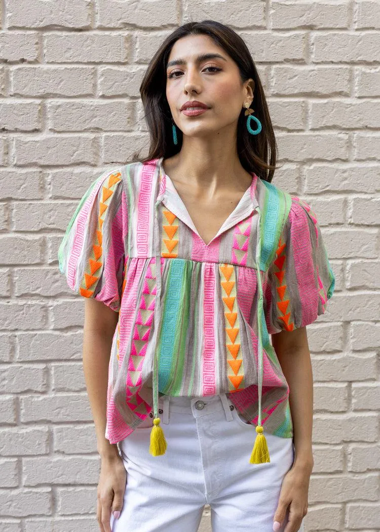 THML Nayurit Embroidered Tassel Tie Top