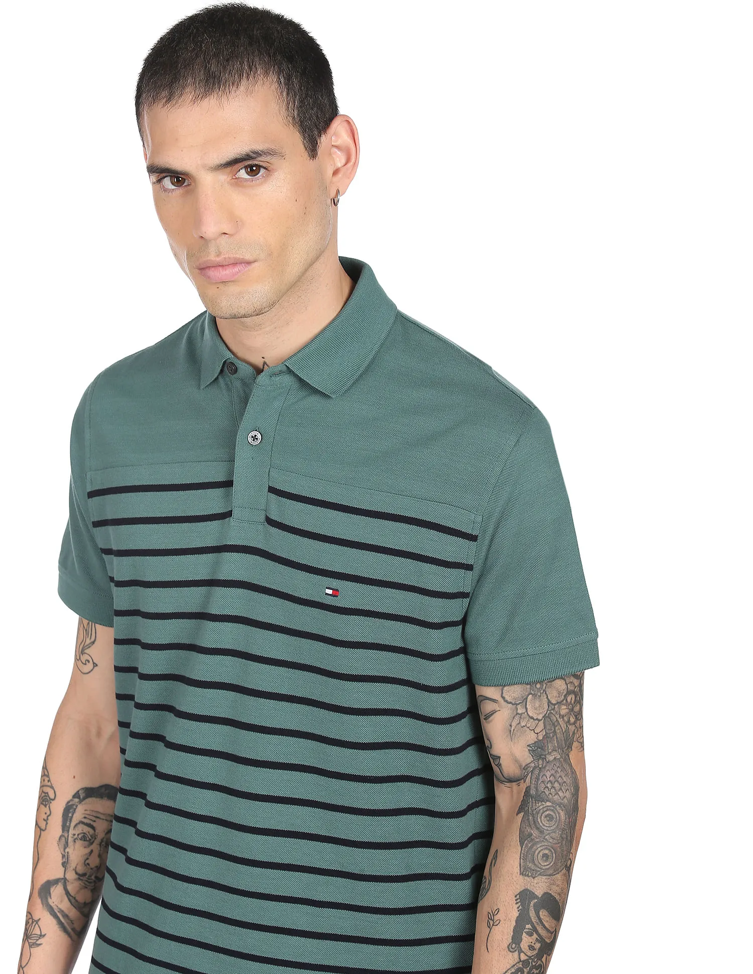 Tommy Hilfiger Men Green Horizontal Stripe Pure Cotton Polo Shirt