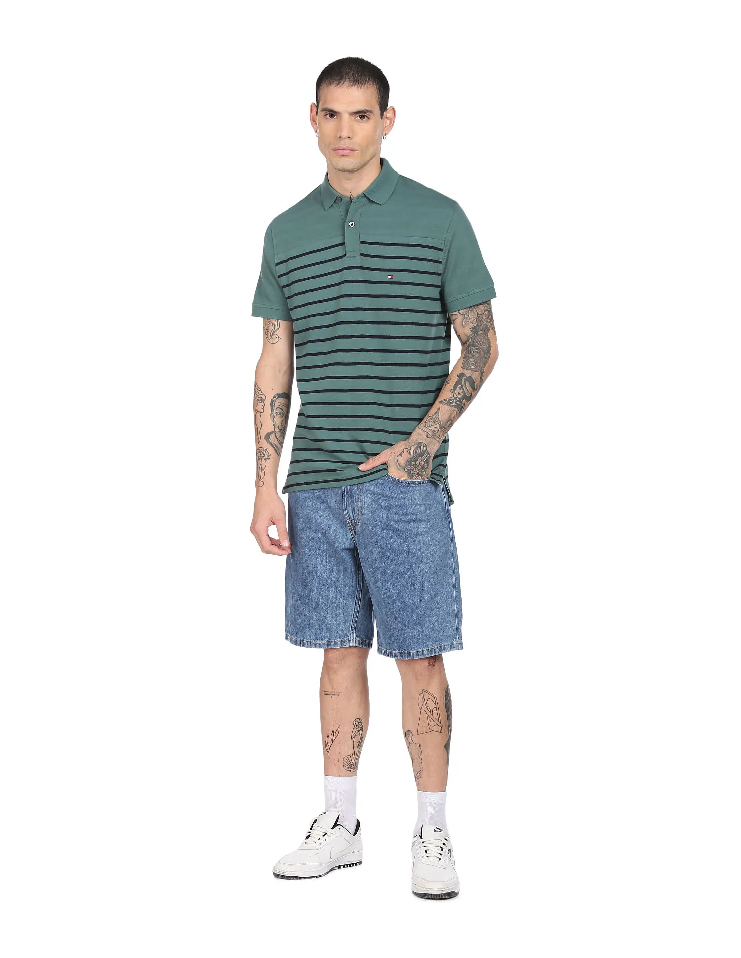 Tommy Hilfiger Men Green Horizontal Stripe Pure Cotton Polo Shirt