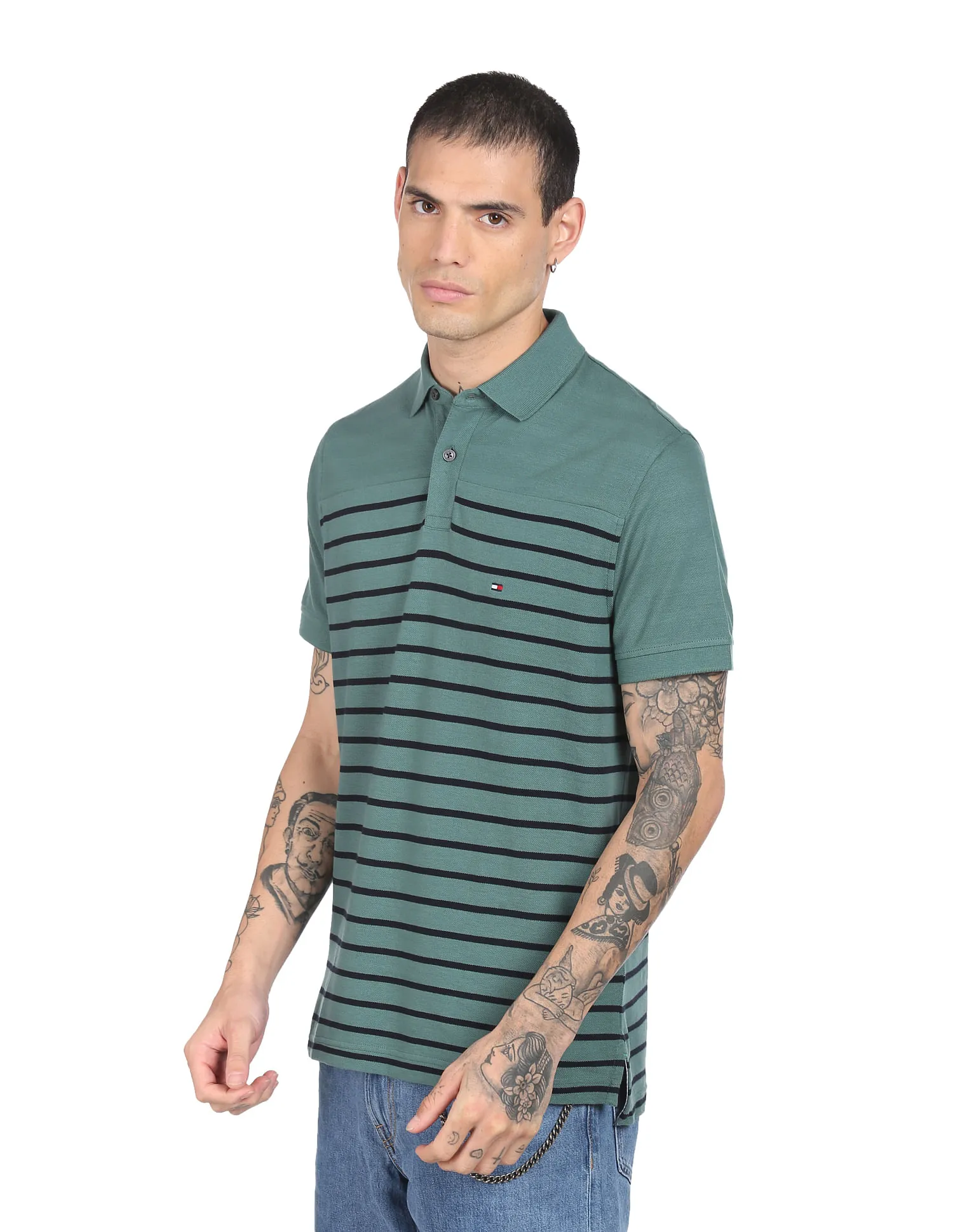 Tommy Hilfiger Men Green Horizontal Stripe Pure Cotton Polo Shirt