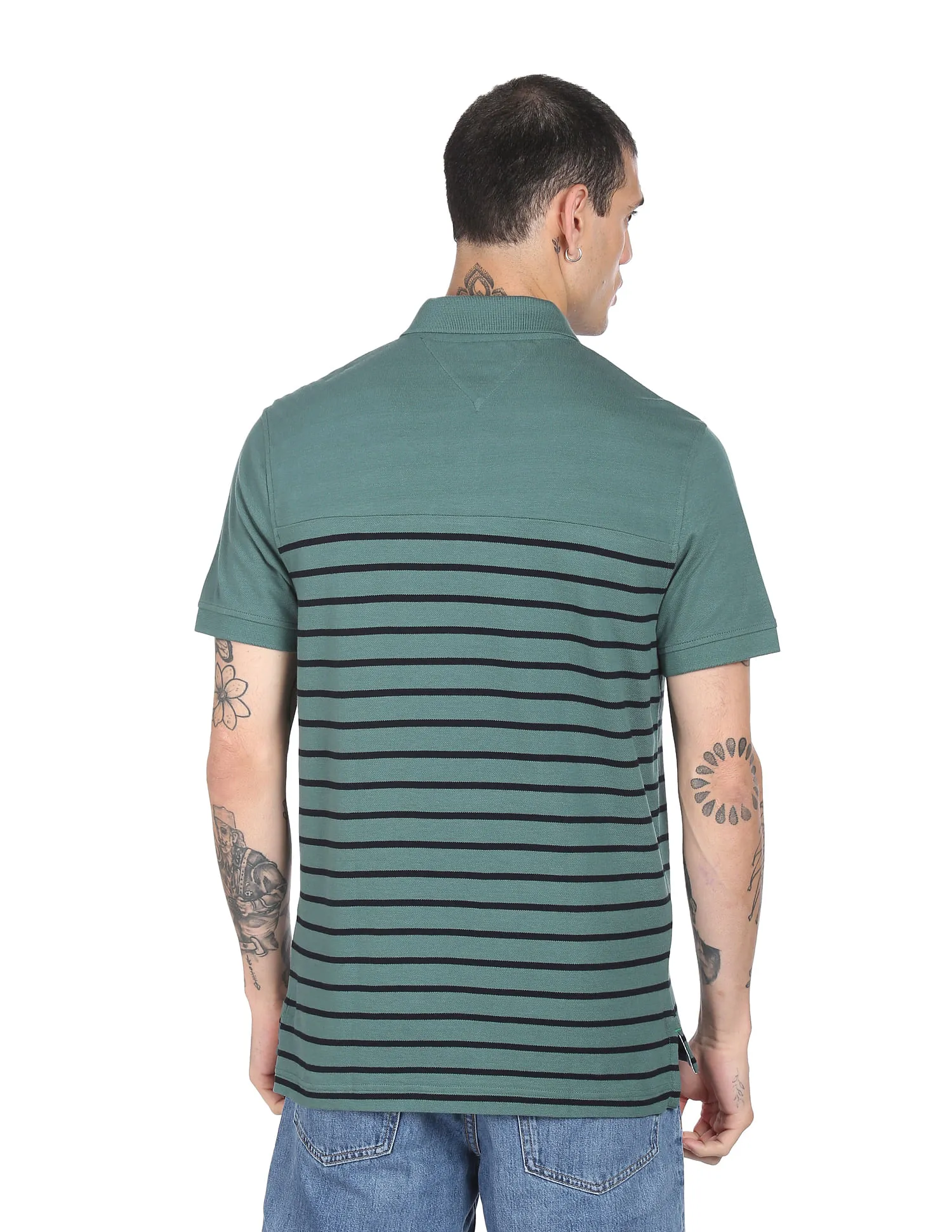 Tommy Hilfiger Men Green Horizontal Stripe Pure Cotton Polo Shirt