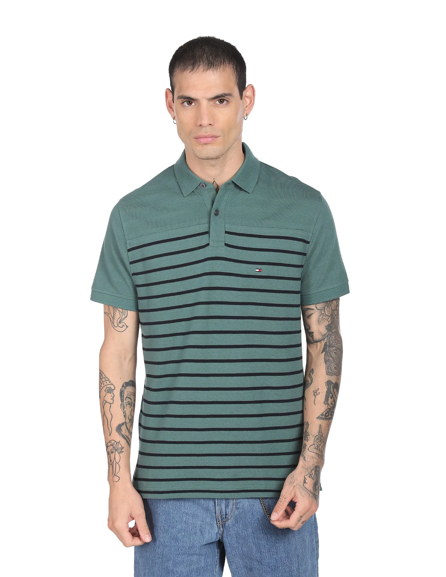 Tommy Hilfiger Men Green Horizontal Stripe Pure Cotton Polo Shirt