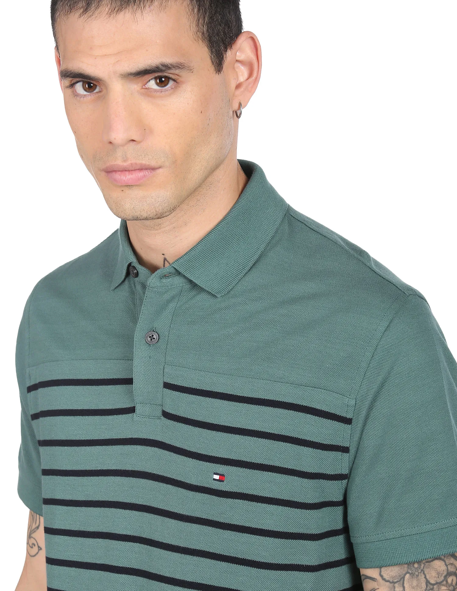 Tommy Hilfiger Men Green Horizontal Stripe Pure Cotton Polo Shirt